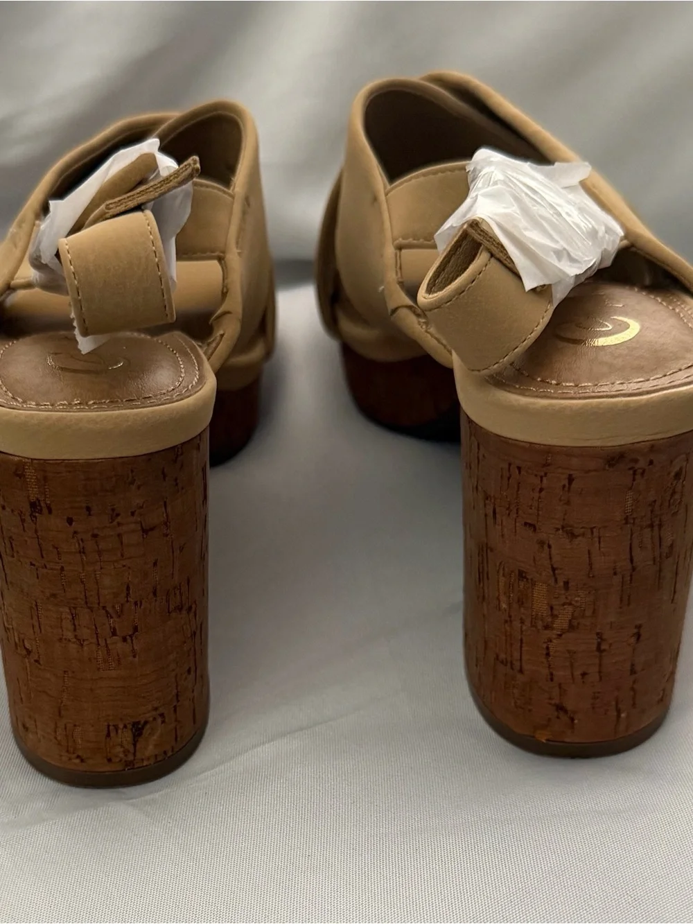 Premium Tan Cork Block Heel Slingback faux leather Sandal 3.5 inch heel